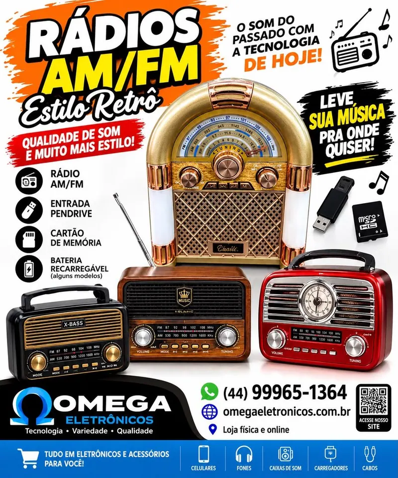 Arte dos rádios AM/FM estilo retrô da Omega: o som do passado com a tecnologia de hoje, entrada pendrive, cartão de memória e bateria recarregável em alguns modelos